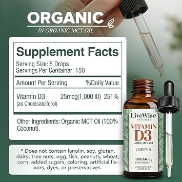 Live Wise Naturals Vitamin D3 1000 IU 25 MCG Drops | Ultra Concentrated Formulation, Fast Absorption, Vegan, Organic MCT Oil Formula, Micro-Dosing Dropper, Bone & Immune Support