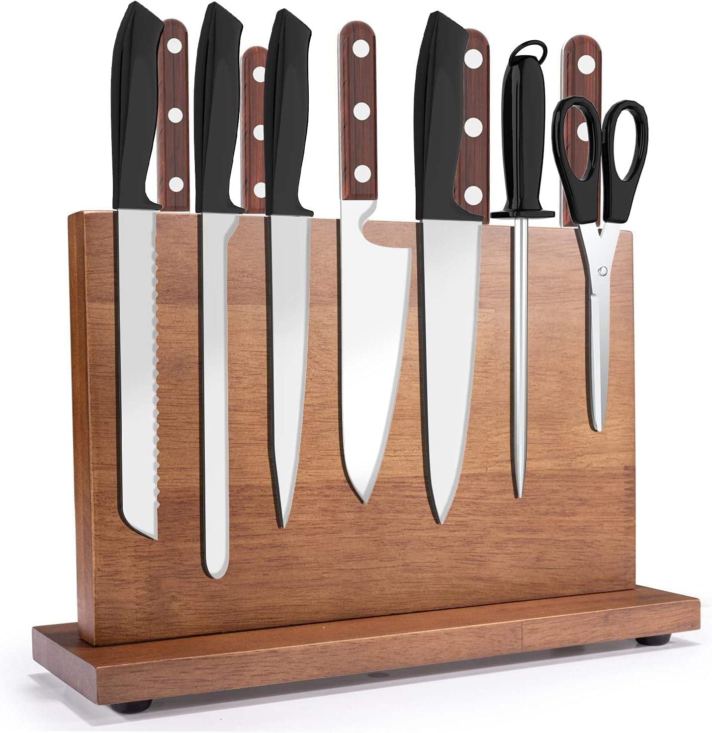 Magnetic Knife Block for Home Kitchen 12x10" Inches Large Capacity Double Sided Holder with Strong Magnets Acasia Wood for Knives Utensils Storage Rack Counter Top