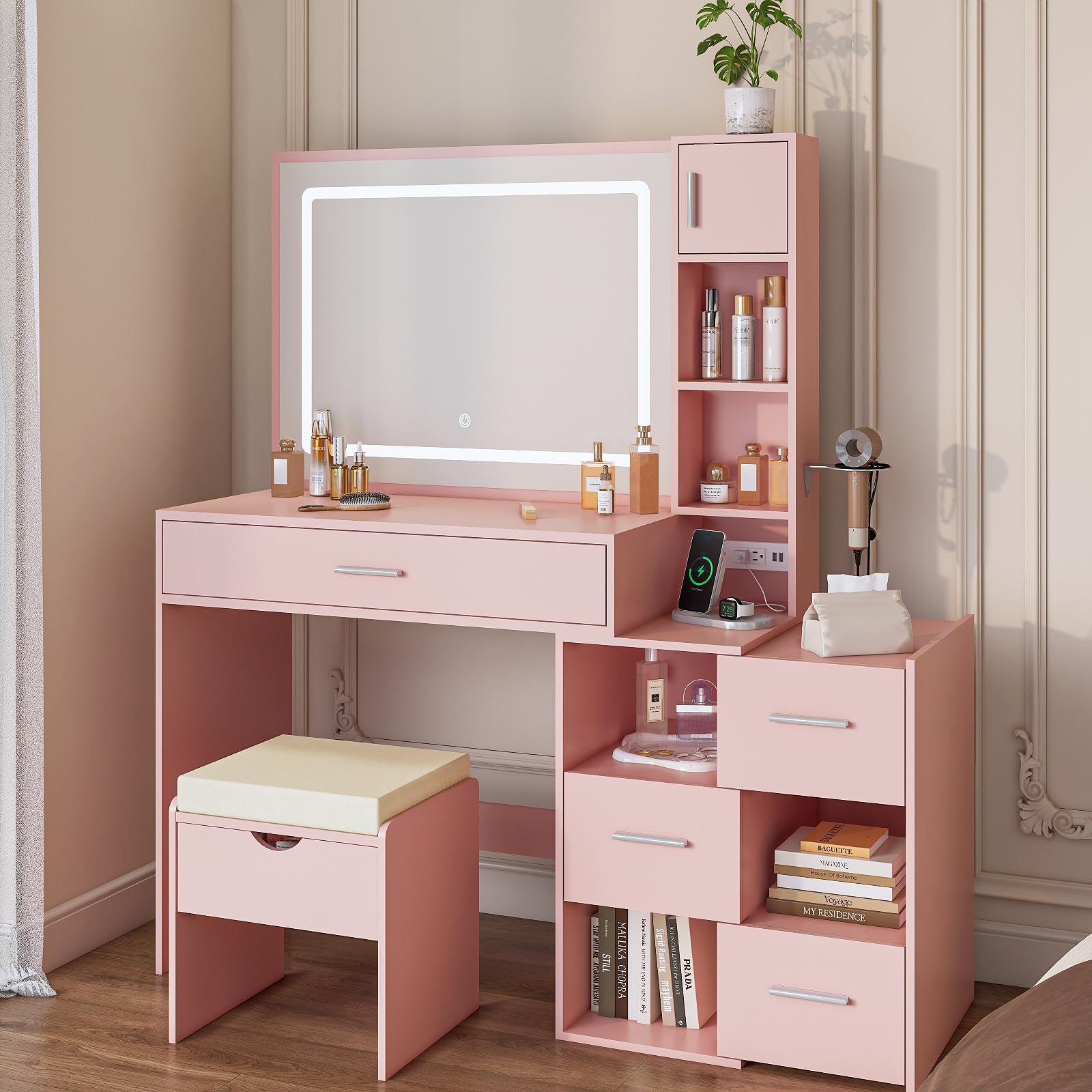 Photo 1 of Vanity Desk with LED Lighted Mirror, Sliding Side Cabinet with Expandable Storage, Makeup Table with Drawers & Shelves, Built-in Power Outlet, Vanity Set with Storage Stool for Bedroom (Pink)