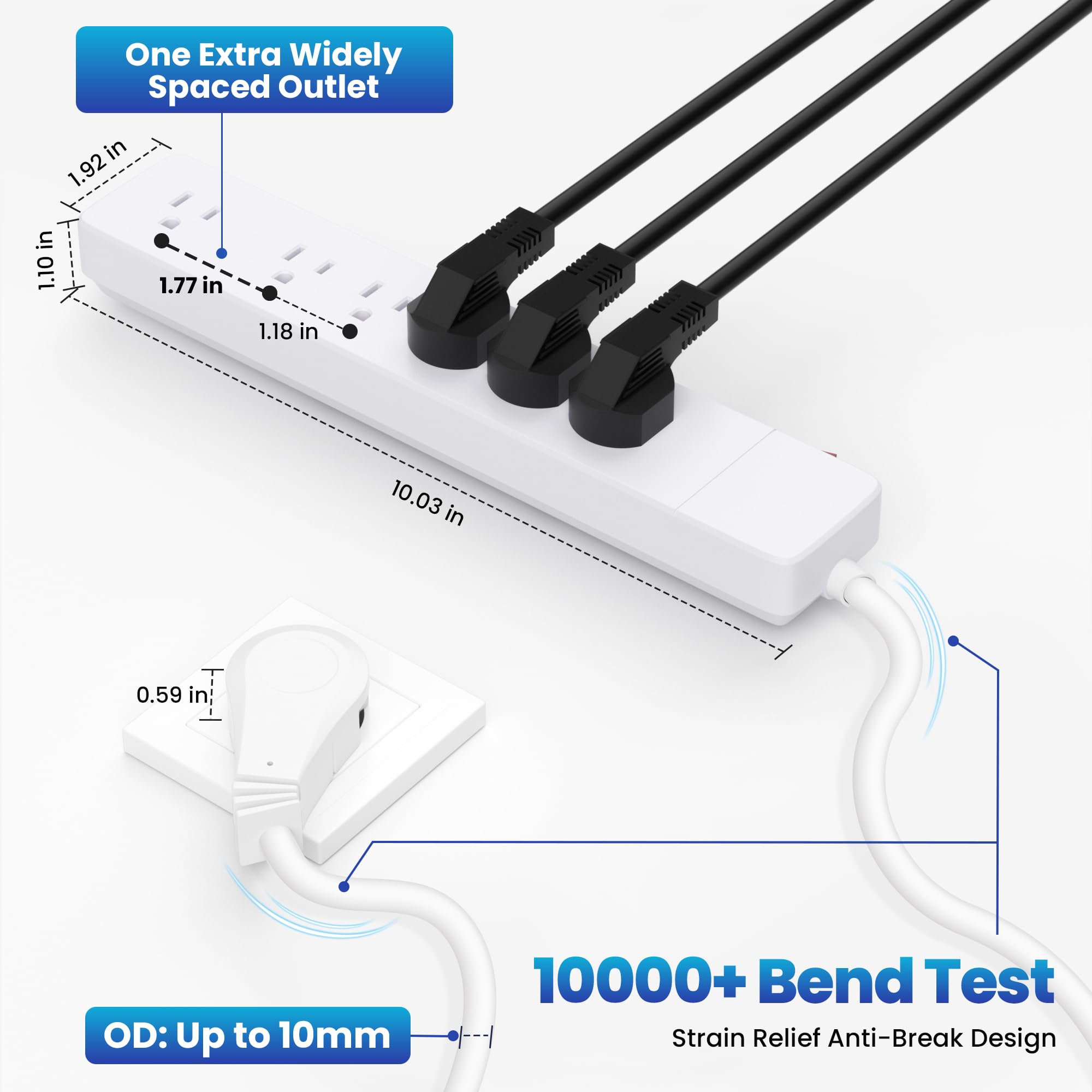 Elecan 3 Prong Power Strip with 4 FT Extension Cord, 5 AC Outlets+1 Widely Spaced Outlet, Space Saving 45 Degree Flat Plug, 14AWG 1875W 125V 15A, Wall Mountable Multi Outlet Extender, ETL, White
