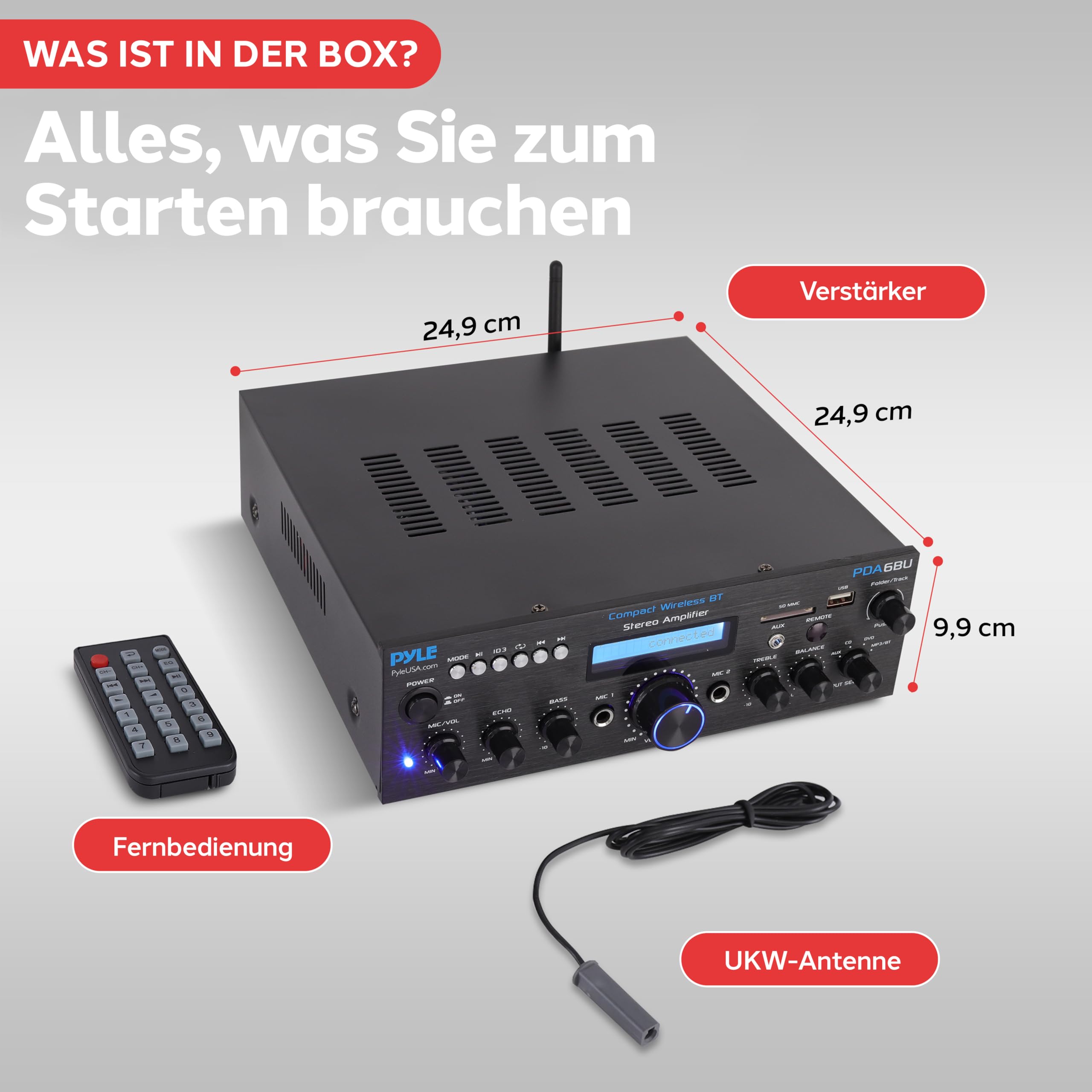 Pyle HiFi Verstärker 200W Bluetooth Stereo Verstärker, 2 Kanal mit USB SD AUX Audio Receiver mit Mikrofoneingang Echo FM Radio und LCD Display für Karaoke und Heimkino