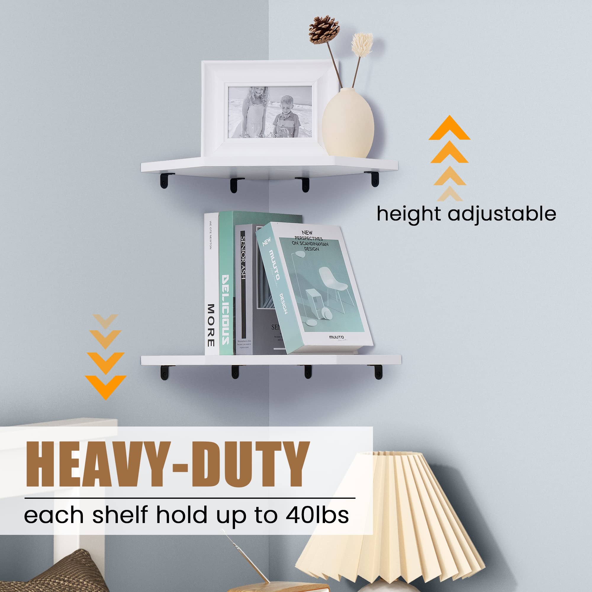 Corner Shelf Wall Mount, Corner Floating Shelves, Set of 2 Corner Wall Shelf Organizer, Rustic Wood Wall Storage Display Shelves for Living Room Bedroom Bathroom Kitchen, Rustic White