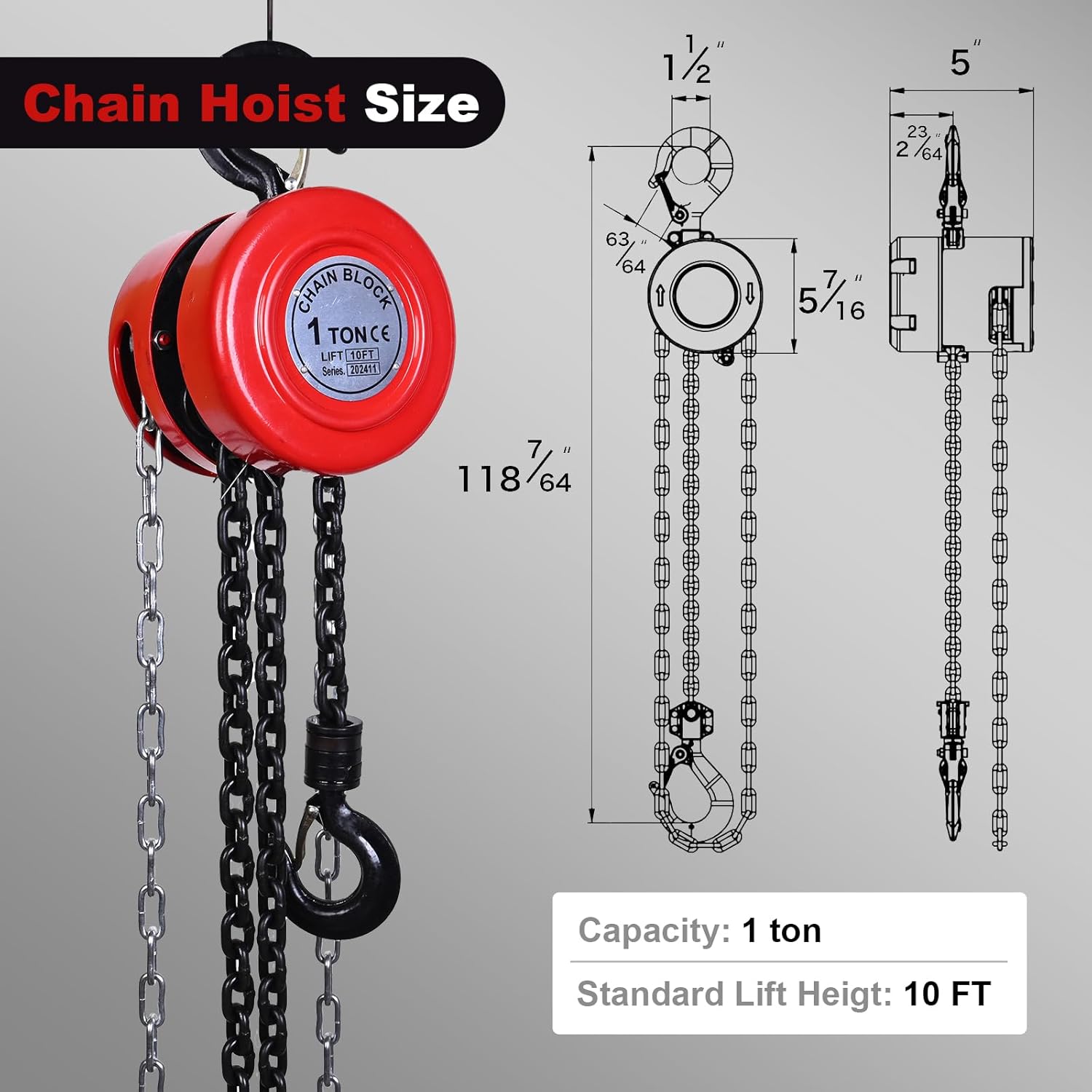 AAIN Hand Chain Hoist, 1 Ton (2200 lbs) Capacity, 10 Feet with 2 Heavy-Duty Hooks. Manual Hand Lift Steel Chain Block Hoist for Lifting Goods in Transport and Workshop - Red.