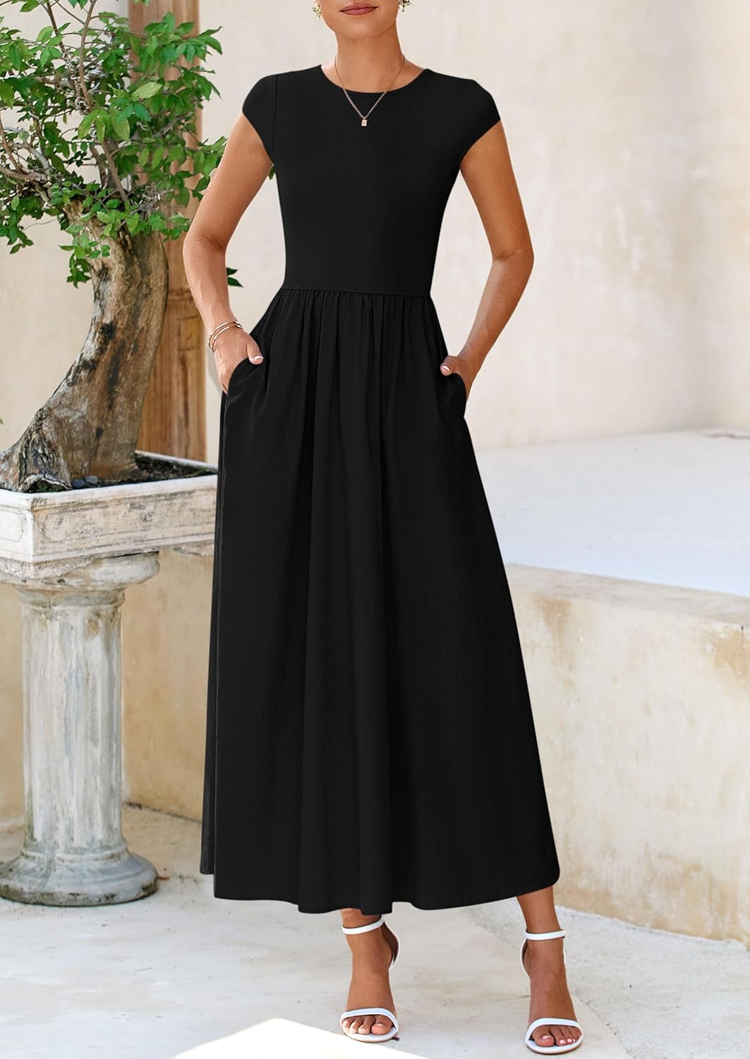 PRETTYGARDEN Women's 2025 Summer Casual Long Dresses Cap Sleeve Patchwork A Line Flowy Modest Elegant Homecoming Maxi Dress - Image 6