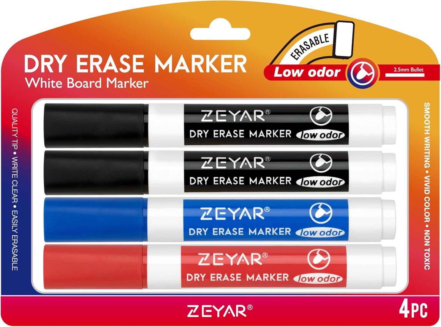 ZEYAR Low Odor Dry Erase Marker, Bullet Tip White Board