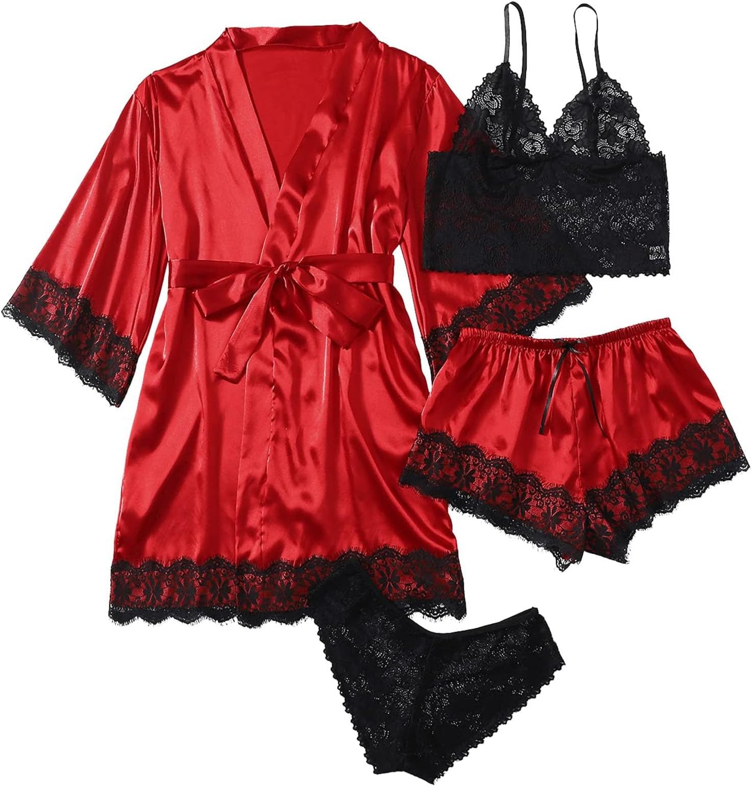Women’s Pajamas Set Basic Women Soft Pajamas Versatile Women' Silk Satin Pajamas Set 4pcs Lingerie Floral Lace Sleepwear With Robe Play Boy Pajamas for Women