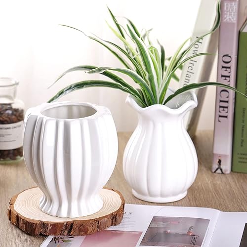 Miniatura 5 de VanEnjoy Florero decorativo de cerámica blanca de 6 pulgadas con diseño acanalado moderno de 6 pulgadas, flor de loto blanco
