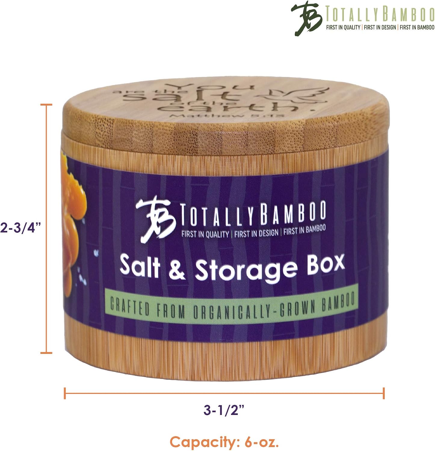Totally Bamboo Salt Cellar Bamboo Storage Box with Magnetic Swivel Lid, 6 Ounce Capacity, You are the Salt of the Earth Matthew 5:13 Engraved on Lid