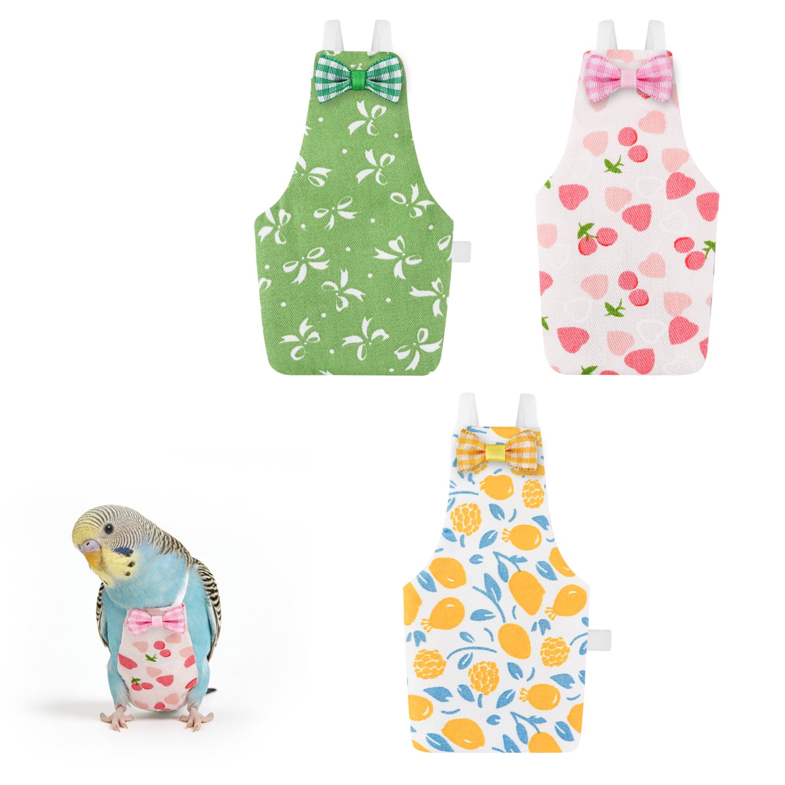 LuckyOpt Bird Diaper Flight Suit, 3-Packs Lightweight Reusable Washable Elastic-Straps Parrot Clothes for Peony/Monk Parakeet, Prevents Poop Leaks & Feather Pecking (Bow+Lemon+Cherry, L)