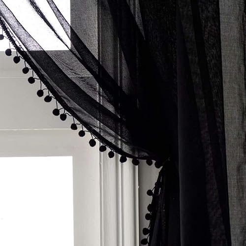 Miniatura 1 de Miss Selectex - Cortinas transparentes, de lino y con borlas en forma de pompones, cortinas semitransparentes con bolsillos para barra para sala de