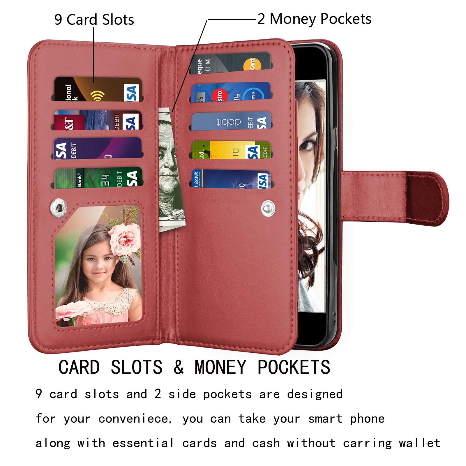 Njjex Wallet Case For iPhone SE 2020/SE2, for iPhone 8/iPhone 7 Case, [9 Card Slots] PU Leather Credit Holder Folio Flip [Detachable] Kickstand Lanyard Magnetic Phone Cover For iPhone SE 2nd -Wine Red