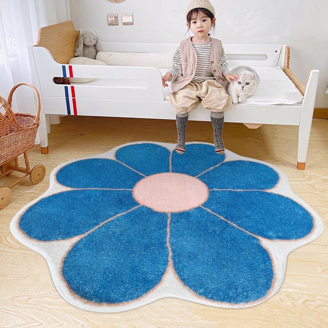 Green Flower Shaped Area Rug, Cute Round Rug for Bedroom, Living Room, Fluffy Circular Rug, 39.4" Round