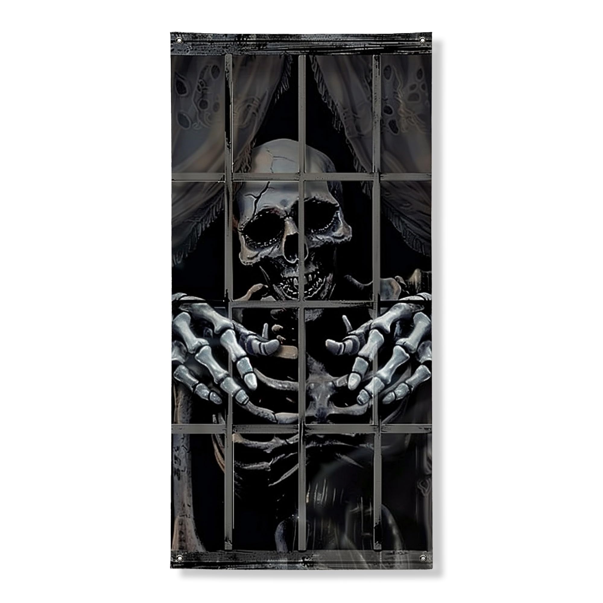 Spooky Skeleton Door Cover Banner Decorative, Creepy Halloween Window Design, Indoor Outdoor Haunted House Decor, Festival Holiday Supplies 36x72 Inch