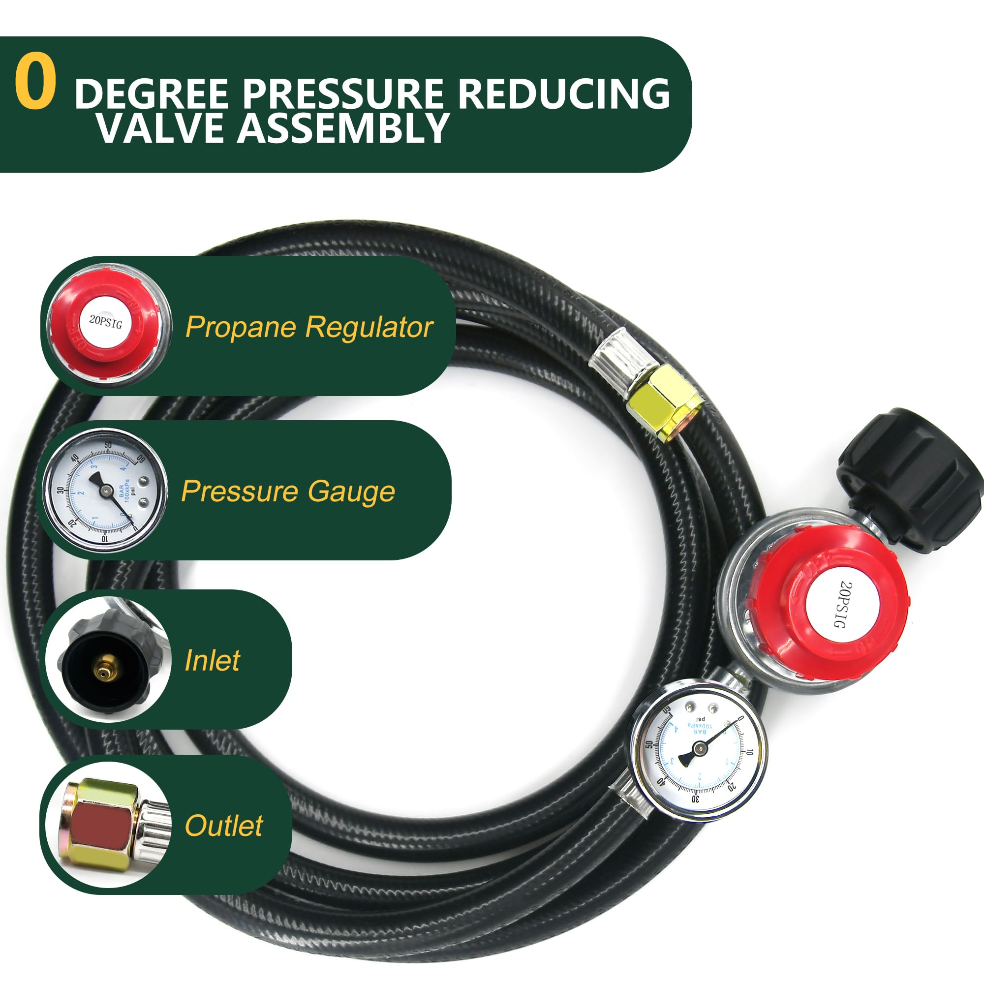 Wysokociśnieniowy wąż regulatora propanu PVC z manometrem – stały 20 PSI, wlot QCC1 i nakrętka wylotowa 5/20.3 cm-18UNF do grilli gazowych LP, grilla, frytownic do indyka, wędzarni