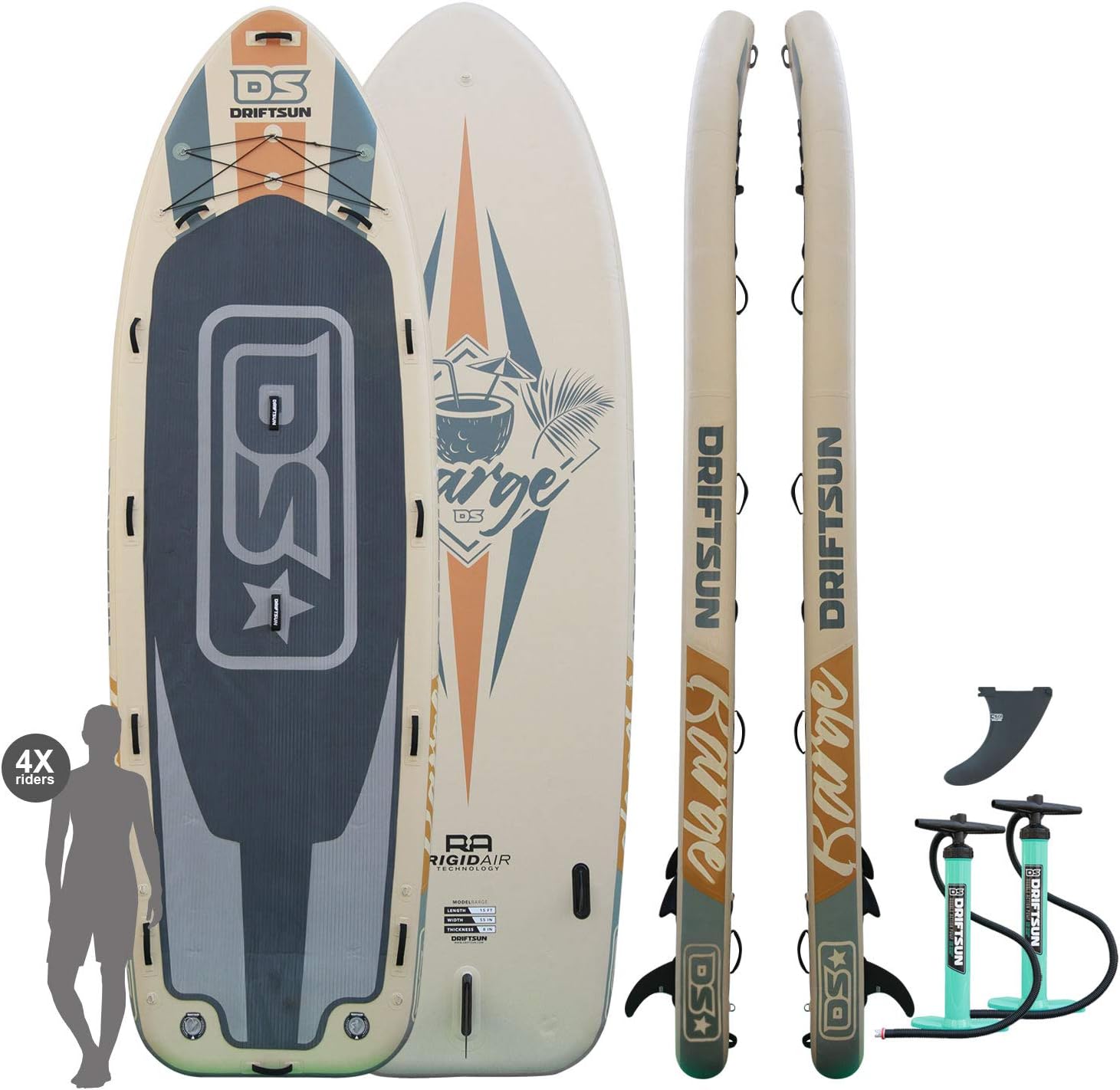 Driftsun Party Barge Inflatable Paddleboard - 15 ft Large Multi-Person Inflatable Stand Up Paddleboard with 2 Dual-Action Hand Pumps for Quick Inflation/ 15 Feet Long x 4.5 Feet Wide (Tan)