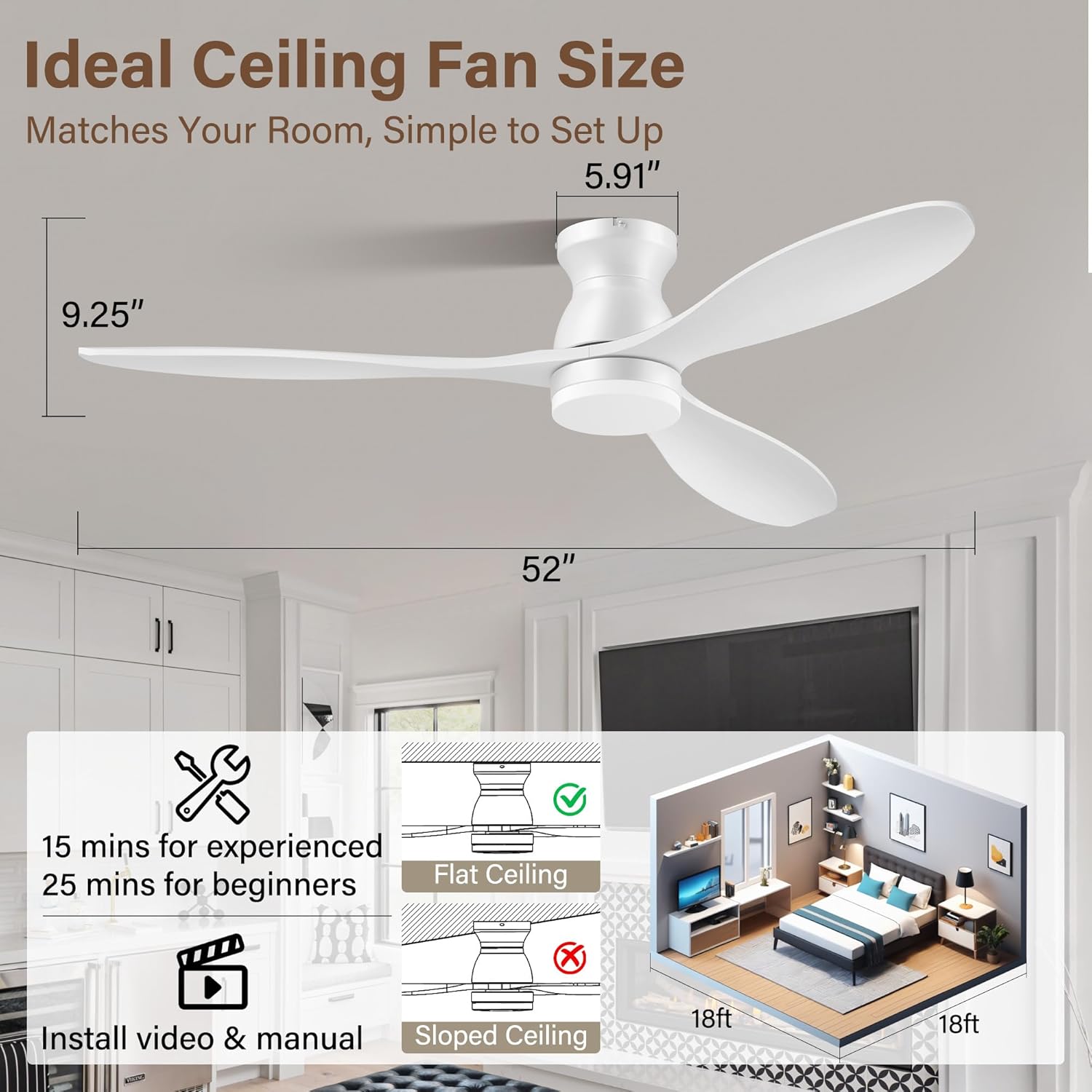 52" Wood Ceiling Fans with Lights Remote,Smart Ceiling Fan Controlled via Wifi Alexa APP,Quiet DC Motor,Modern Flush Mount Hugger Fan for Low Profile Bedroom,Patio,in Matte White,Outdoor Indoor Use