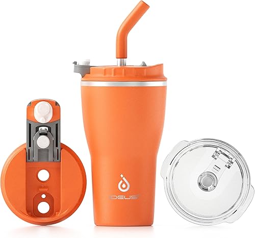 Ideus Vaso de acero inoxidable de 14 onzas a prueba de fugas, taza de café aislada con tapa y pajilla, taza de café de viaje a prueba de derrames,