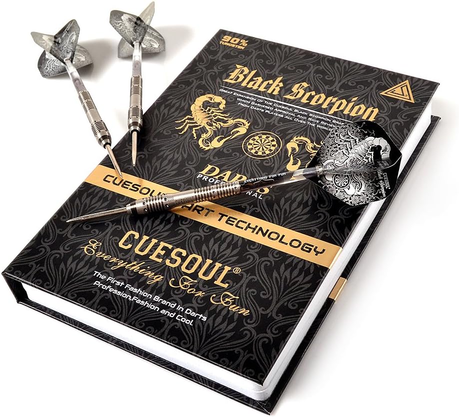 CUESOUL Black Scorpion 22/24/26 Grams Tungsten Steel Tip Dart Set,Barrel with Titanium Coated Finished