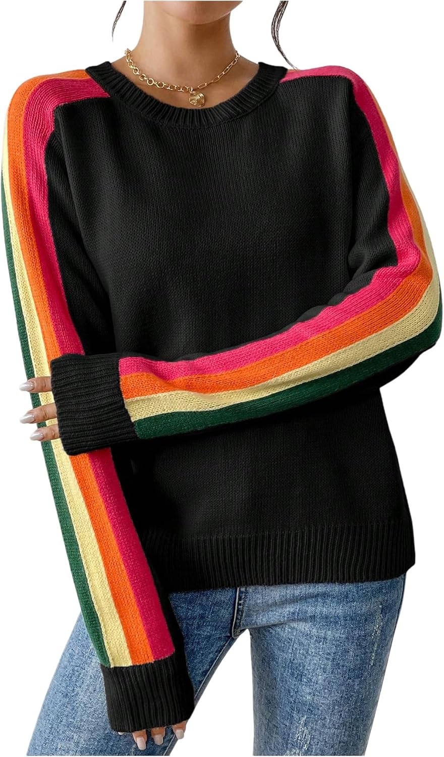 SweatyRocks Women's Casual Crewneck Lightweight Sweater Rainbow Striped Crochet Knit Shirt Top