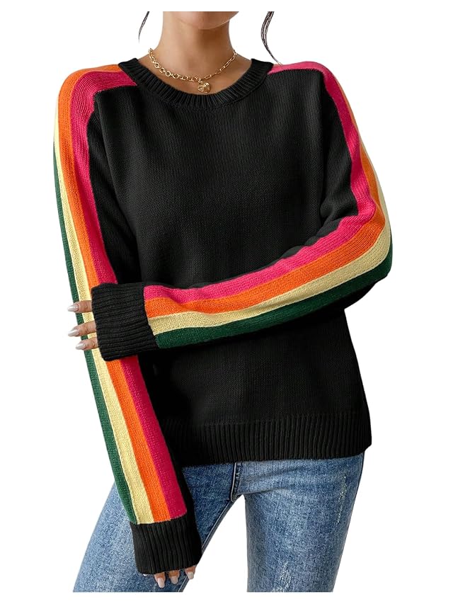 SweatyRocks Womens Casual Crewneck Lightweight Sweater Rainbow Striped Crochet Knit Shirt Top