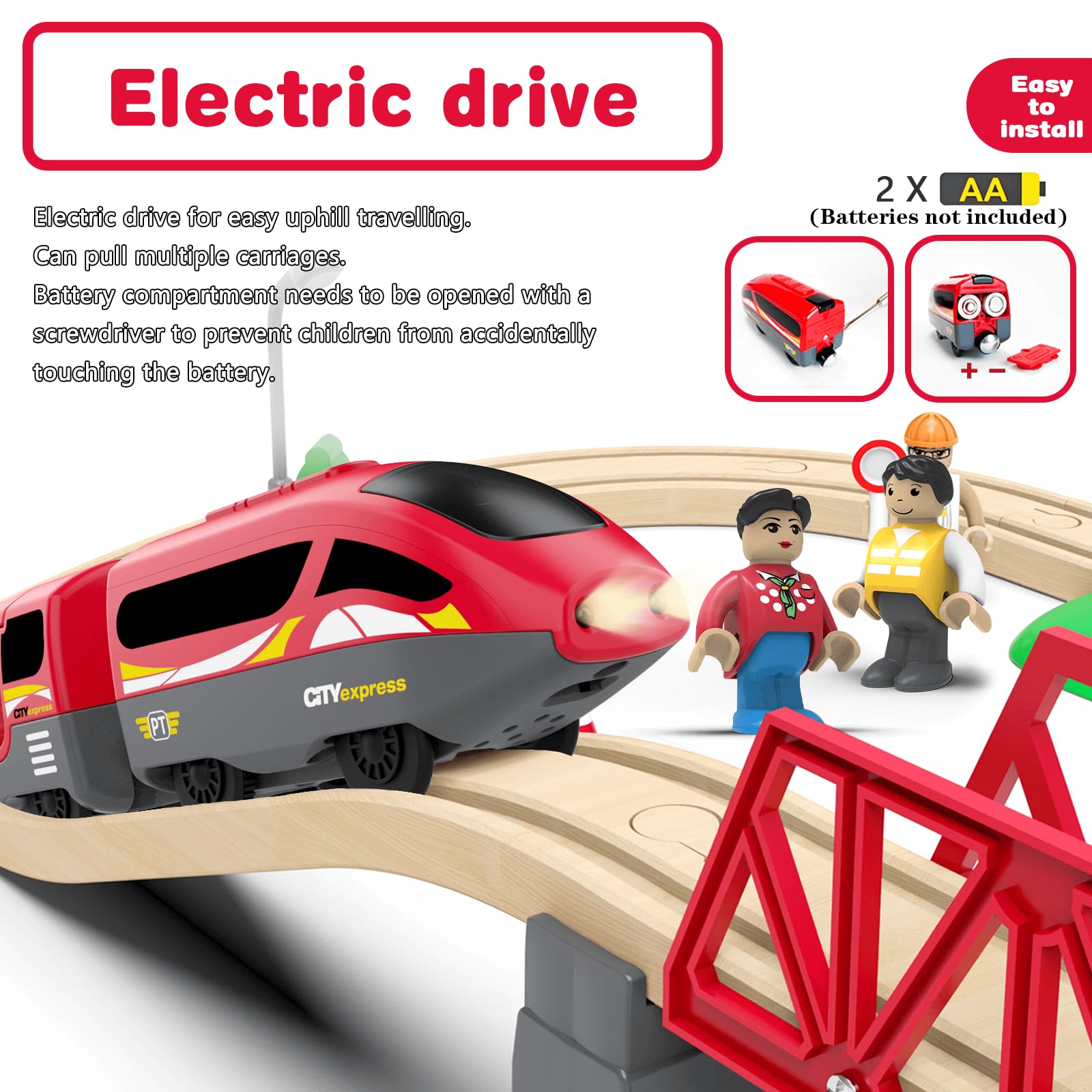 DxxD Elektryczny pociąg dla dzieci, drewniany pociąg z dźwiękiem i światłem, dziecięcy pociąg międzymiastowy z figurkami, lokomotywa zasilana baterią, kompatybilna z Thomas Brio, chłopcy w wieku 3 lat