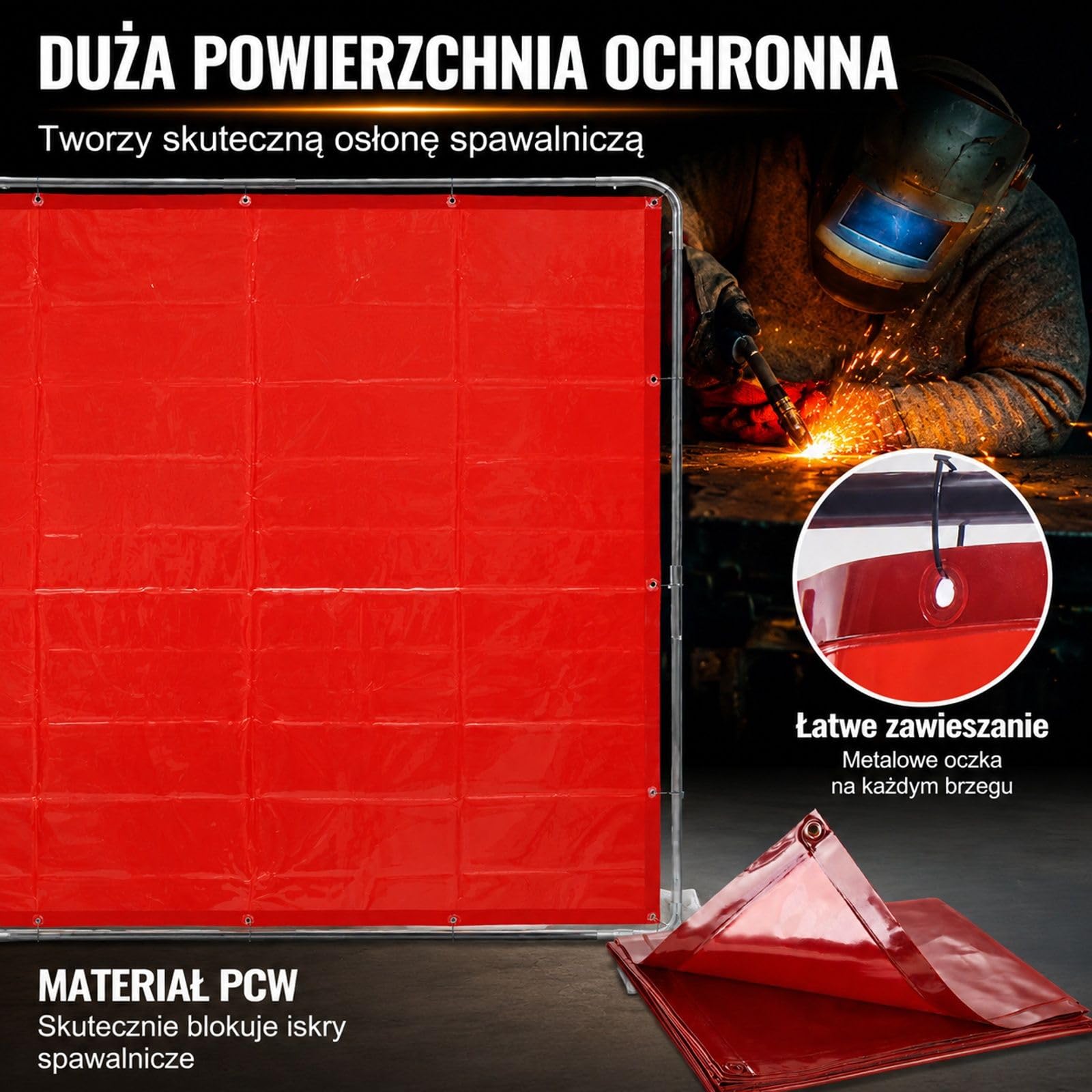 Kurtyna spawalnicza z ramą, czerwony ekran winylowy na 4 kółkach obrotowych do stanowisk warsztatowych, 8 segmentów