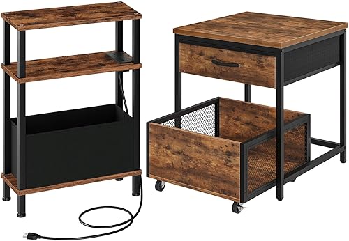 Mesa auxiliar estrecha y mini soporte para refrigerador con almacenamiento, mesa auxiliar delgada con cesta de tela, mini gabinete de nevera con