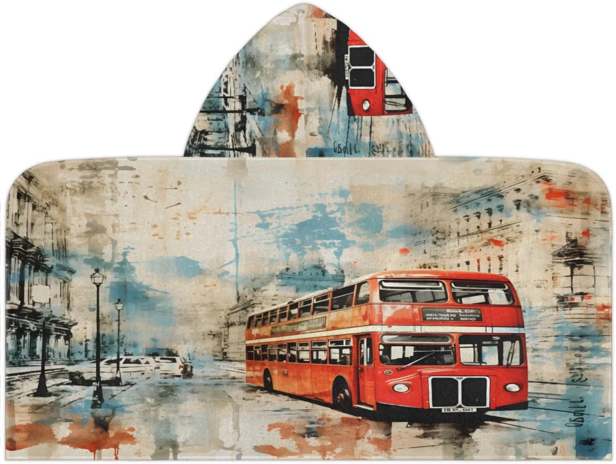 Pardick Kids Bath Towel Retro City Bus Beach Towel with Hood Pool Cover Up for Girls Boys Soft Absorbent Hooded Bath Towel Toddler Towels for Beach, Pool