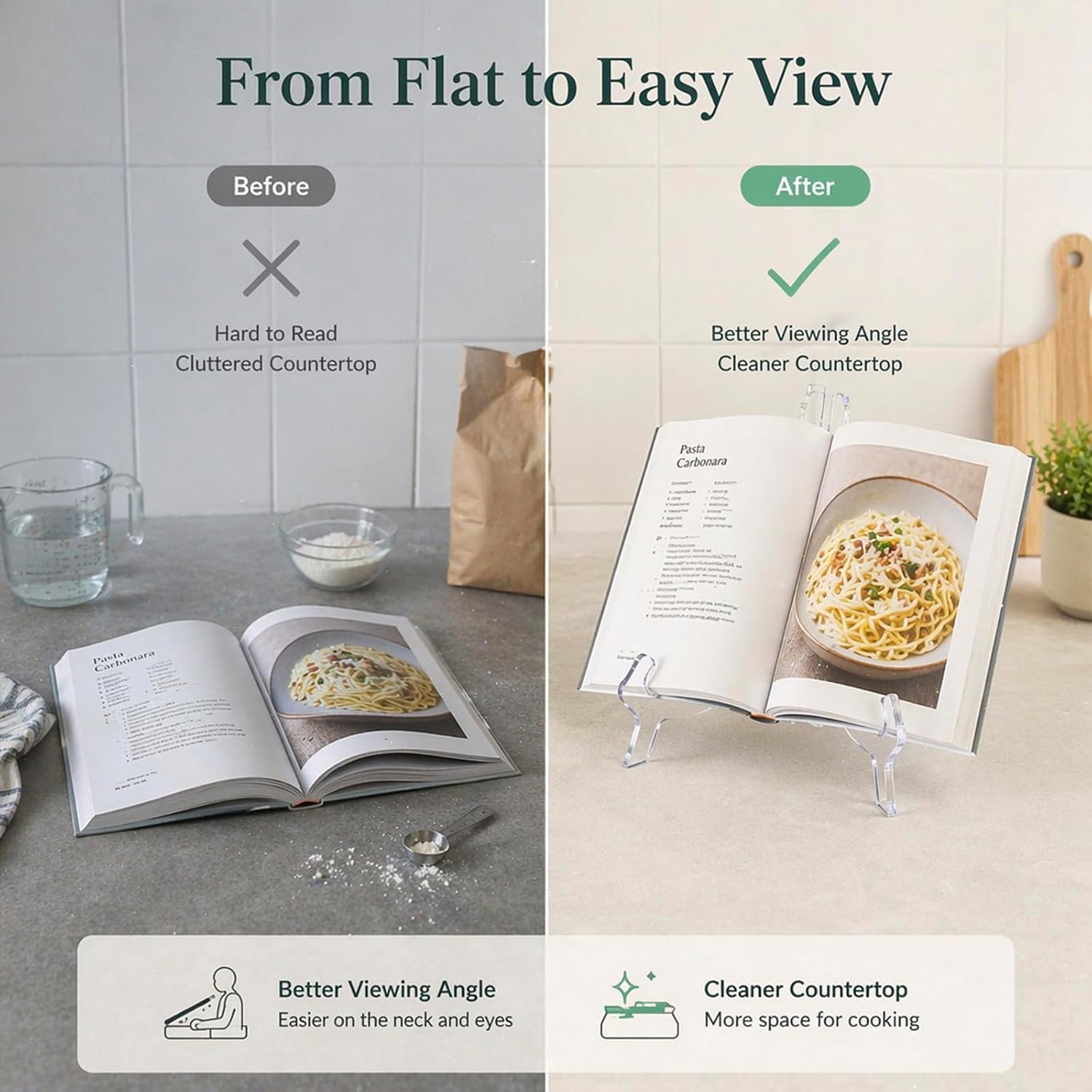 Clear Acrylic Cookbook Stand for Kitchen Counter, Large Recipe Book Holder and Tabletop Display Easel, Transparent Book Stand for Tablet, Plate, Picture Frame, Menu, Cooking and Studying