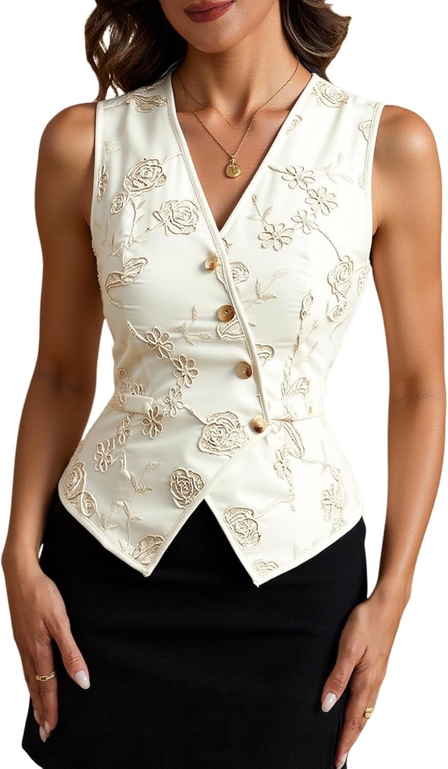 Women's Floral Embroidery Blouse Elegant Button Up Wrap V Neck Suit Vest