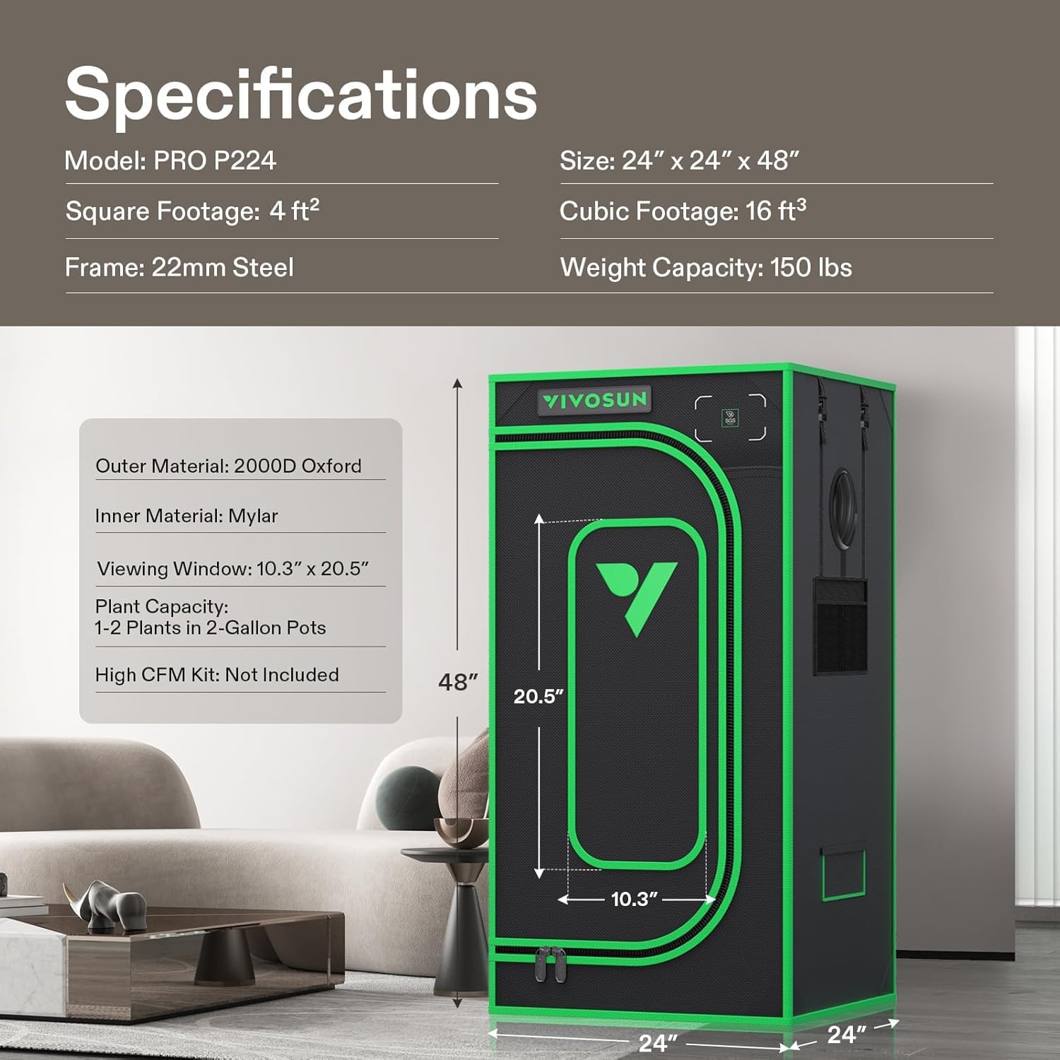 VIVOSUN P224 24"×24"×48" PRO Grow Tent, with Thick 1 inch Poles, Strengthened High Reflective Mylar Oxford Fabric & Extra Hanging Bars for Hydroponics Indoor Plant for AeroLight A100, No High CFM Kit