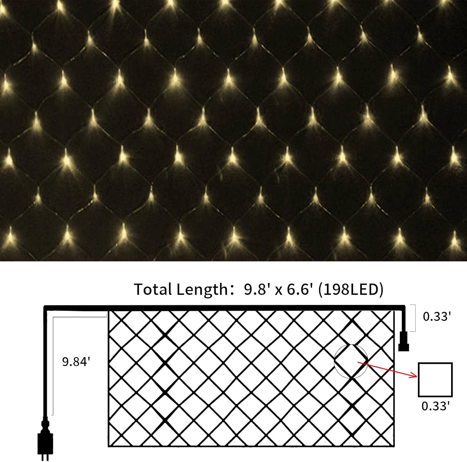 198 LED Warm White Net Lights Outdoor Mesh Lights 9.8ft x 6.6ft for Garden, Lawn, Shrubs, Party, Wedding, Christmas Decorations, 8 Modes & Memory Function, Connectable, Clear Wire-Warm White