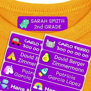 50 Etiquetas Termoadhesivas Personalizadas, de 6 x 2 cms, para marcar la ropa. Color Lila (Para Planchar)