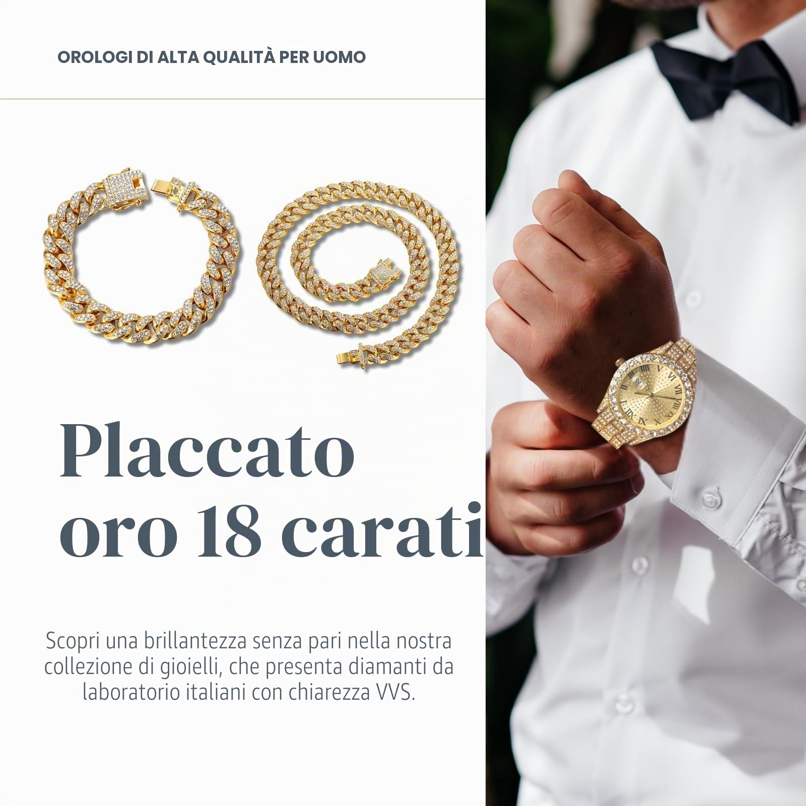 Orologio con Diamanti per Uomo – Quadrante Rotondo 43mm con Numeri Romani – Placcato in Oro 18K/Platino 22,5cm – Quarzo Giapponese – Gioiello di Lusso – Può essere Abbinato a Catena Cubana