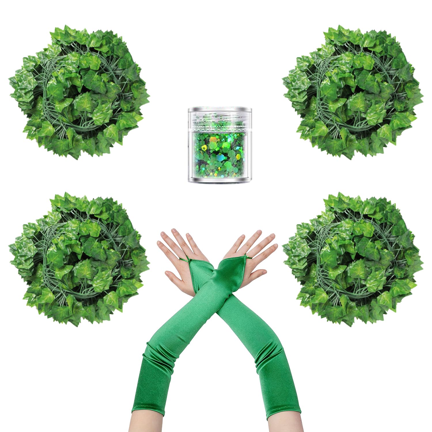 Miaija 6Pieces Halloween Green Ivy Costume Set Glitter Sequin Gloves with Fake Leaves Festival Outfit Accessories for Women and Girls Role Play