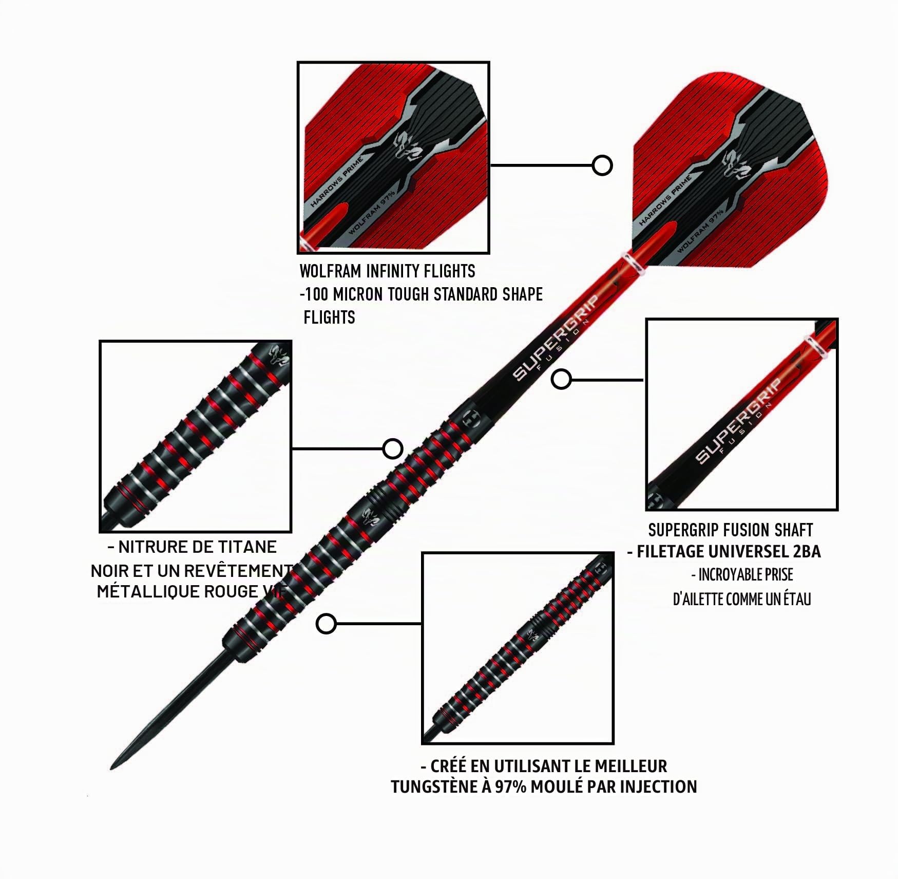Harrows Wolfram Infinity Jeu de fléchettes en tungstène avec Pointe en Acier – 97% tungstène – 21 g, 22 g, 23 g, 24 g, 25 g, 26 g – Comprend des tiges Fusion Supergrip et ailettes Prime
