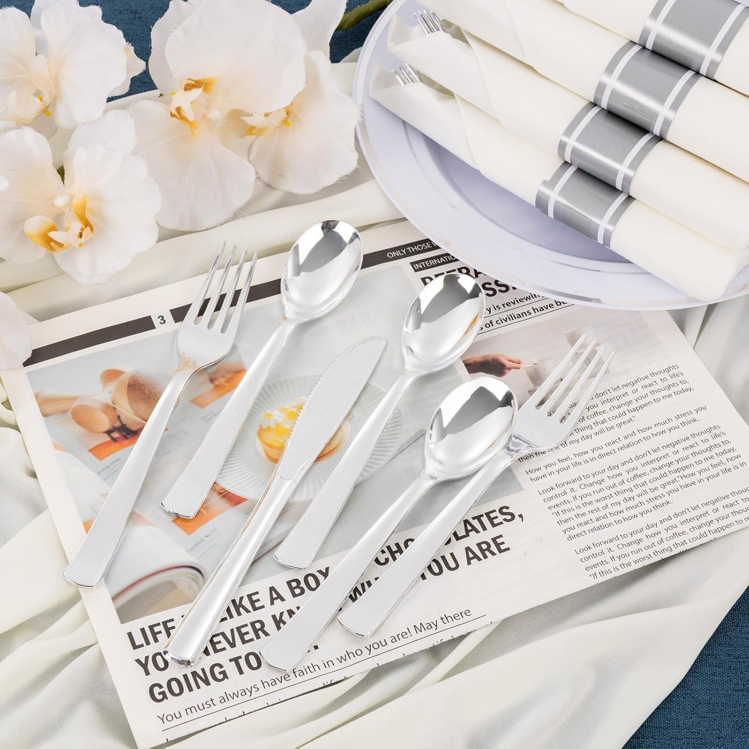 EI 60Pack Pre Rolled Silver Plastic Silverware Disposable Rolled Cutlery with Napkins,Sliver Plastic Wrapped Silverware Disposable Heavy Duty Perfect for Tea Party,Wedding,Spring,Valentine's Day