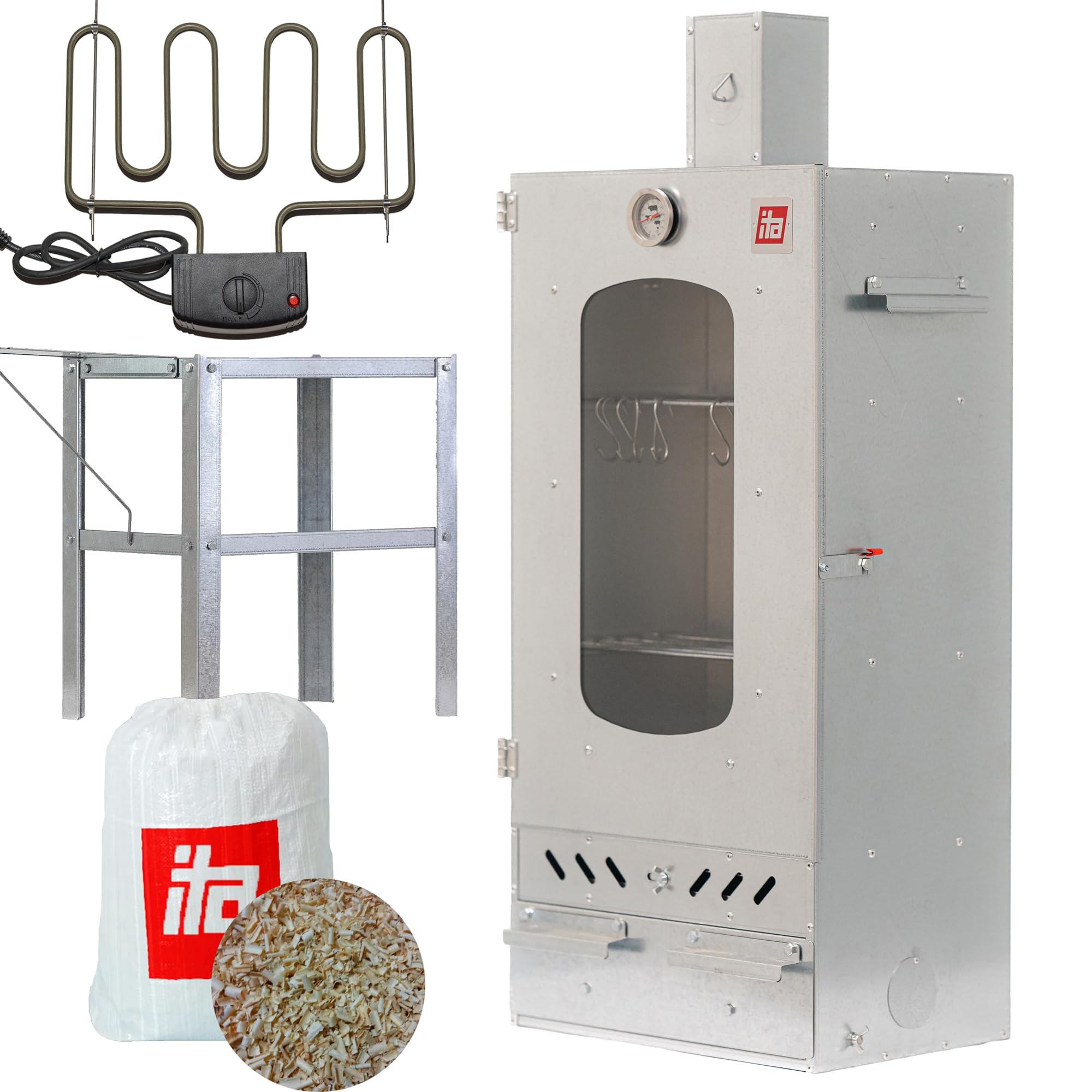 ITA Affumicatore Elettrico 7012 - Set Smoker con Riscaldamento, Tavolo - Armadio con Finestra e Camino - Acciaio Legato - Qualità UE, Diretto dal Produttore - 81 cm con 3 Ripiani