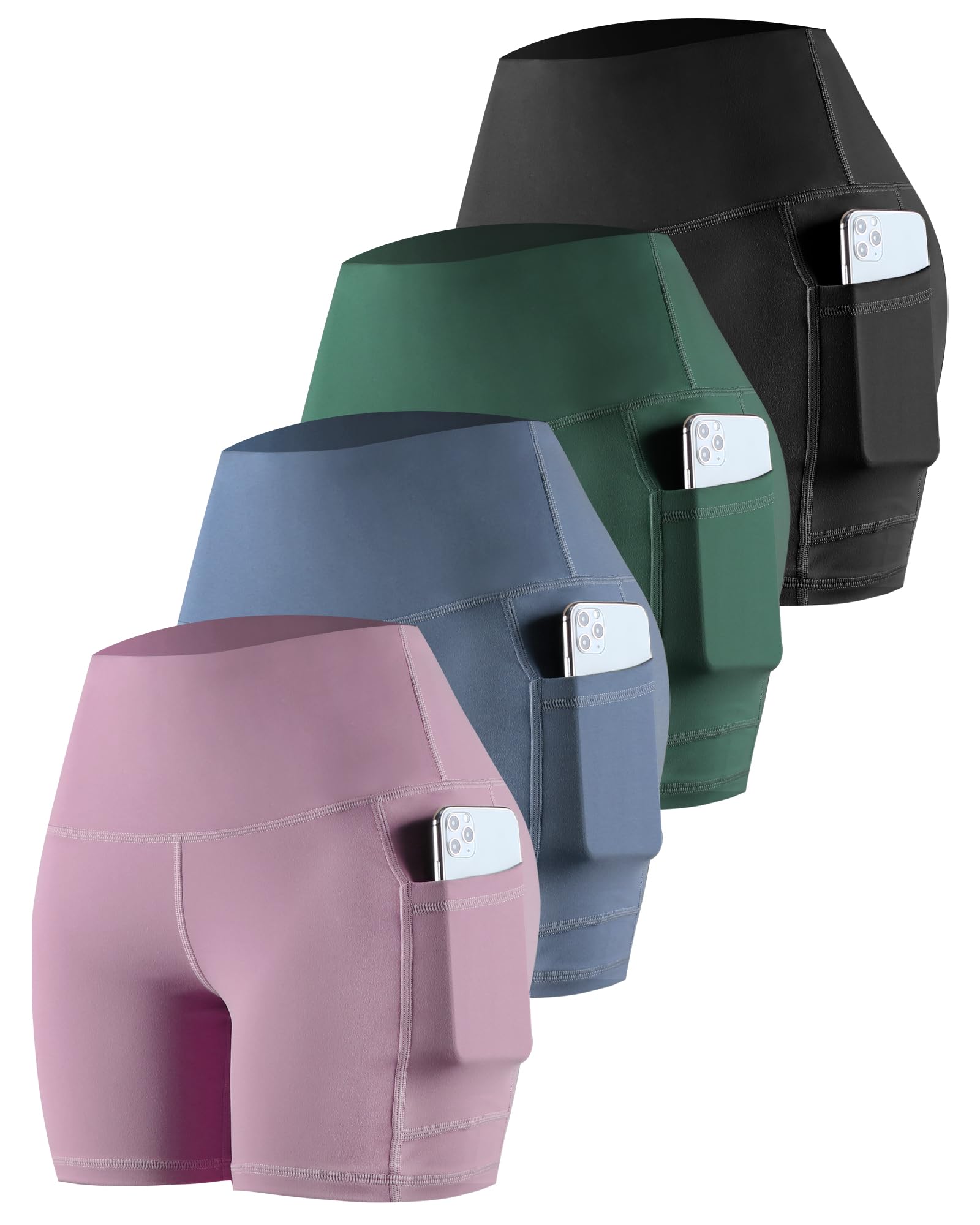 CHRLEISURE Womens Biker Yoga Shorts with Pockets: High Waisted Tummy Control Spandex Workout Athletic Gym Shorts 4 Packs