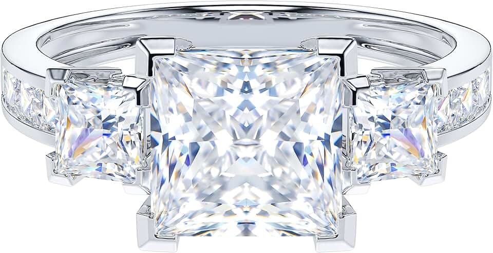 THELANDA 14k White Gold All Princess Cut Genuine Moissanite or Simulated Diamond Three Stones Engagement Ring 2CT Main Stone