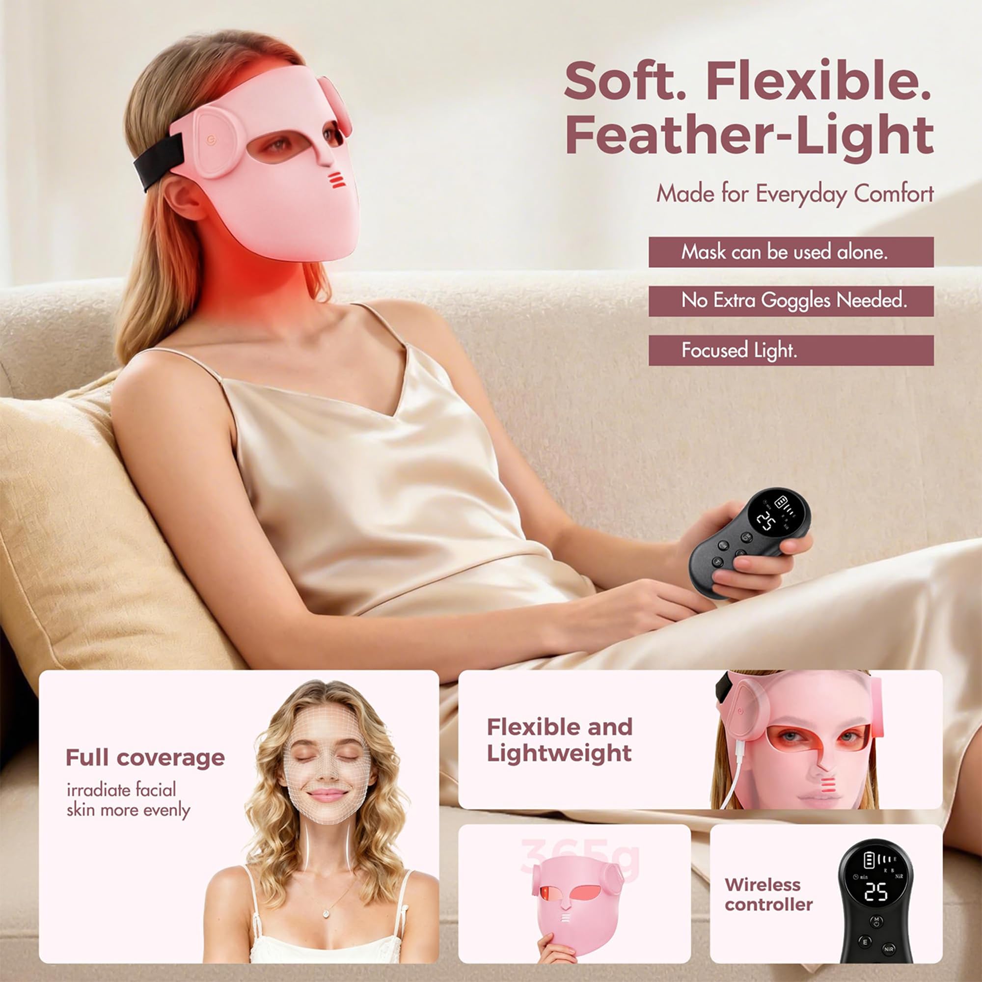Elitzia LED-Lichttherapie-Maske Gesicht & Hals Infrarot Therapie Maske | 400 LED-Perlen, 8 Farben Licht, 3 Energiestufen, einstellbare Zeit, langer Akku, leicht, Hellt matte Haut auf Rosa
