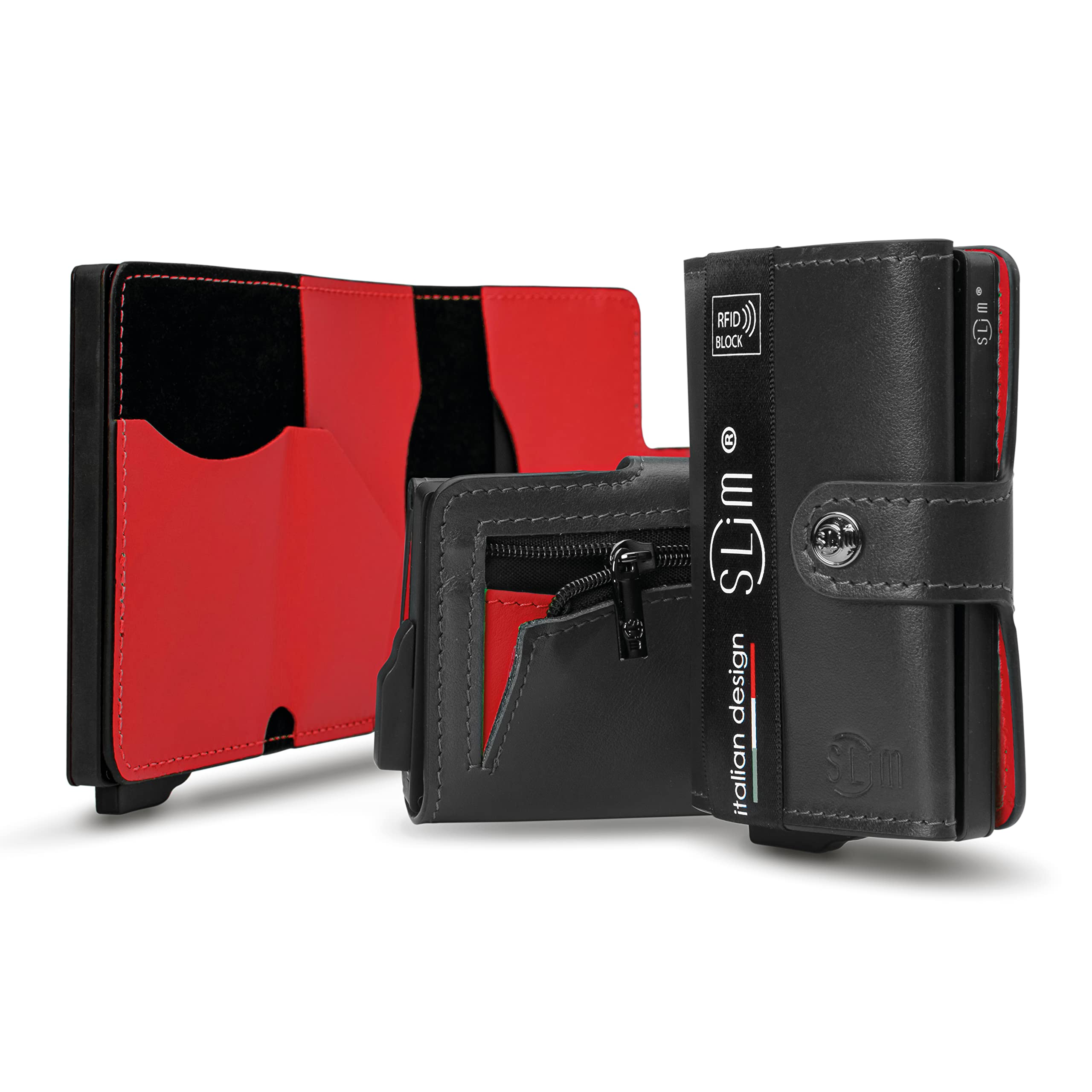 SLim Porta Carte di Credito Schermato Portafoglio Uomo Rfid Portatessere Anticlonazione Donna Portacarte Uomo (Nero E Rosso, Con Zip)