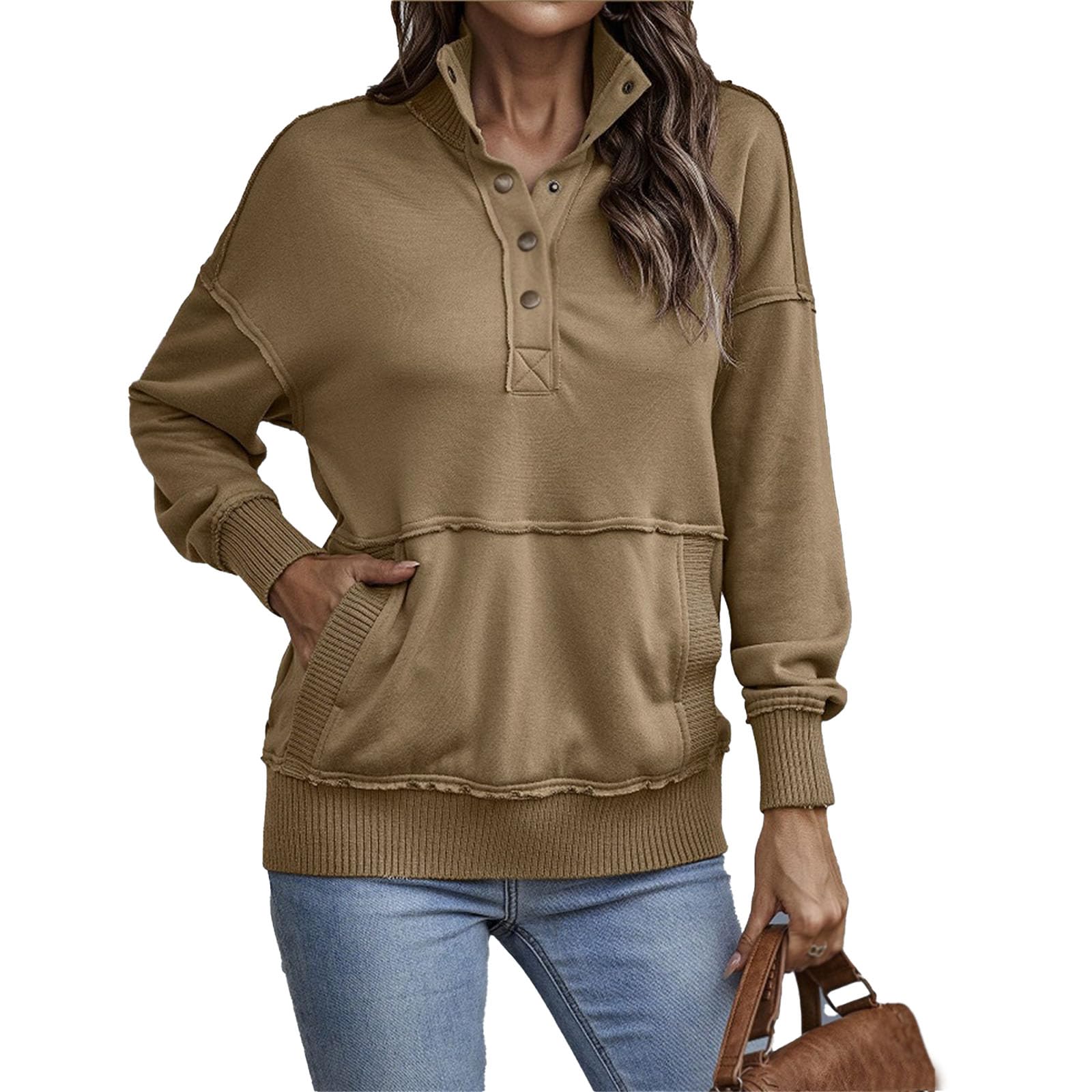 Damska bluza Henley z dekoltem w serek, na co dzień, z długim rękawem, lekkie bluzy z guzikami, luźny pulower z kieszeniami