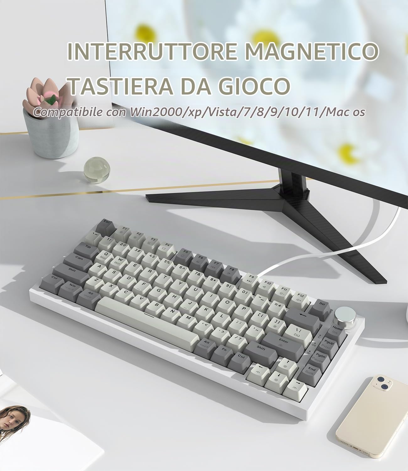 LexonElec x ATTACK SHARK K85 Tastiera Meccanica Rapid Trigger, Switch Magnetico da Gioco, Cloud Driver, Backlit RGB LIGHTSYNC, 75% Tastiera QWERTY TKL Gasket Cablata con Manopola per Win/Mac-Grigio