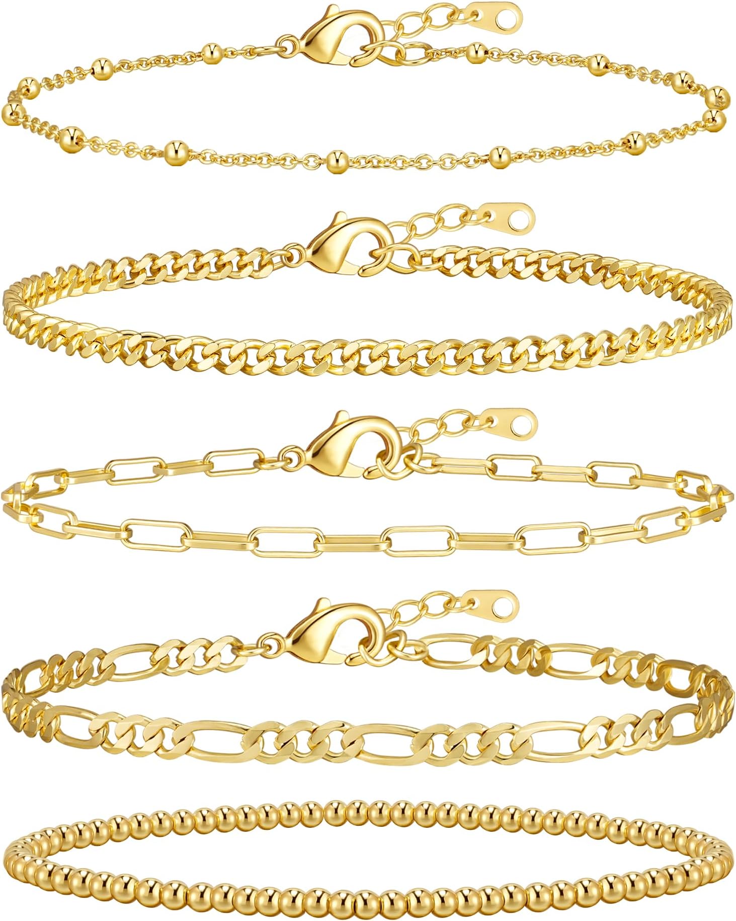 Gold Bracelets for Women, 14K Gold Plated Stackable Bracelet Stack Set Adjustable Charm Paperclip Chain Cuban Link Layered Waterproof Jewelry Sets Gifts for Womens