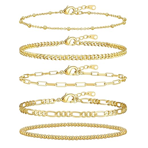 adoyi Gold Bracelets for Women, 14K Gold Plated Stackable Bracelet Stack Set Adjustable Charm Paperclip Chain Cuban Link Layered Waterproof Jewelry Sets Gifts for Womens 6.0/6.8/7.2"