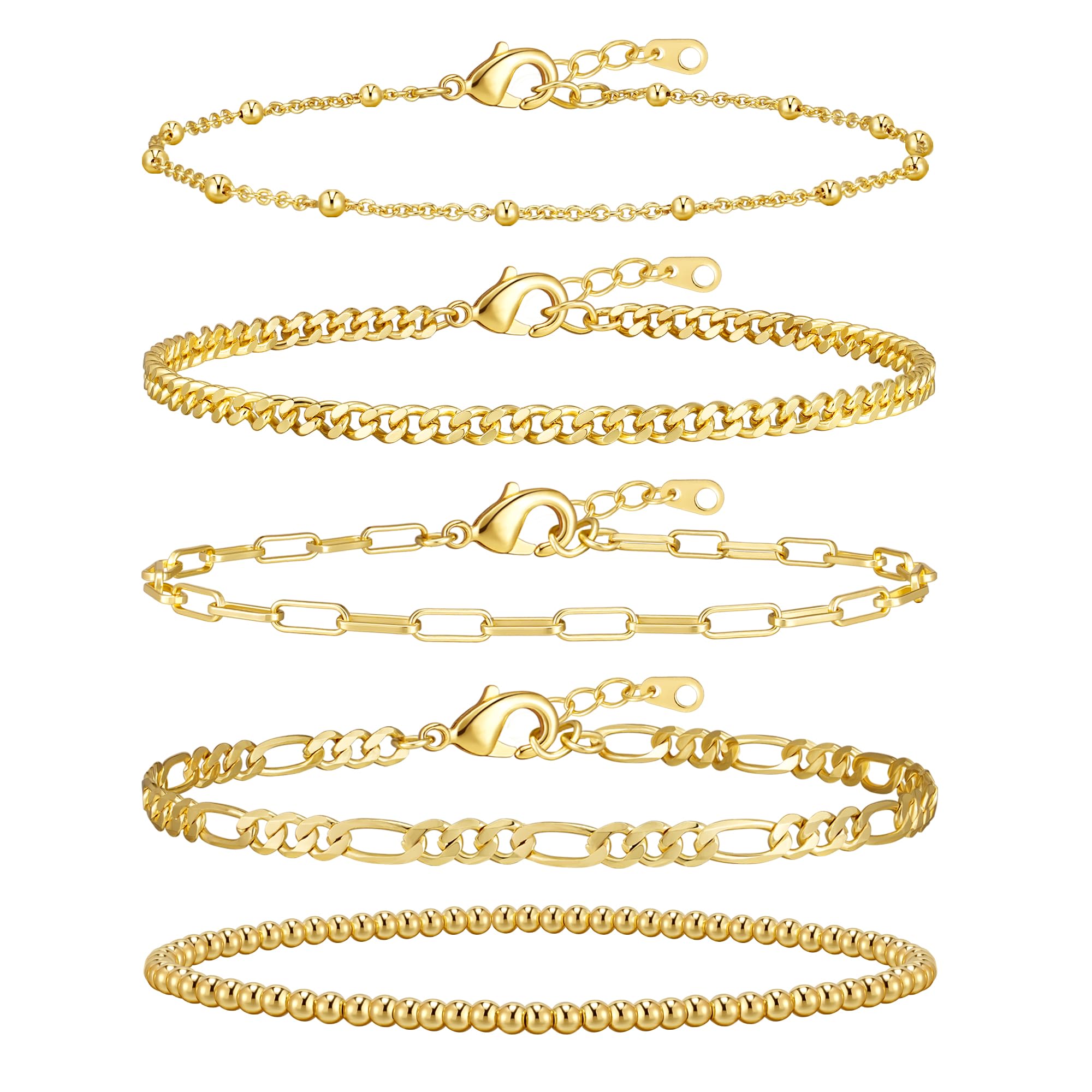 adoyiGold Bracelets for Women, 14K Gold Plated Stackable Bracelet Stack Set Adjustable Charm Paperclip Chain Cuban Link Layered Waterproof Jewelry Sets Gifts for Womens 6.0/6.8/7.2"