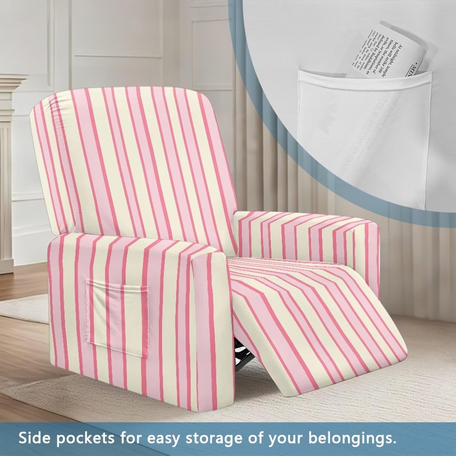 Pink Stripes 4-Pieces Recliner Covers Stretch Sofa Slipcover for Chairs,Anti-Slip Chair Cover with Pocket Washable Furniture Protector with Elastic Bottom,1 Seater Sofa