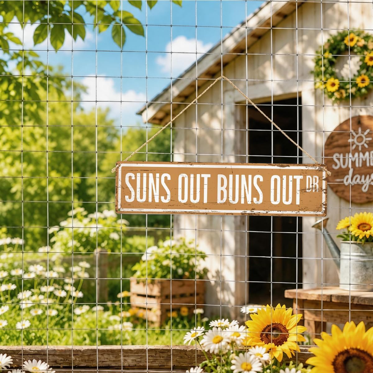 Summer Metal Tin Wall Decor, Suns Out Buns Out Sign, Rustic Beach House Plaque, Retro Street Style Sign for Pool Area, Beach House, Tiki Bar, Vacation Gift, 15.7x3.9 Inch
