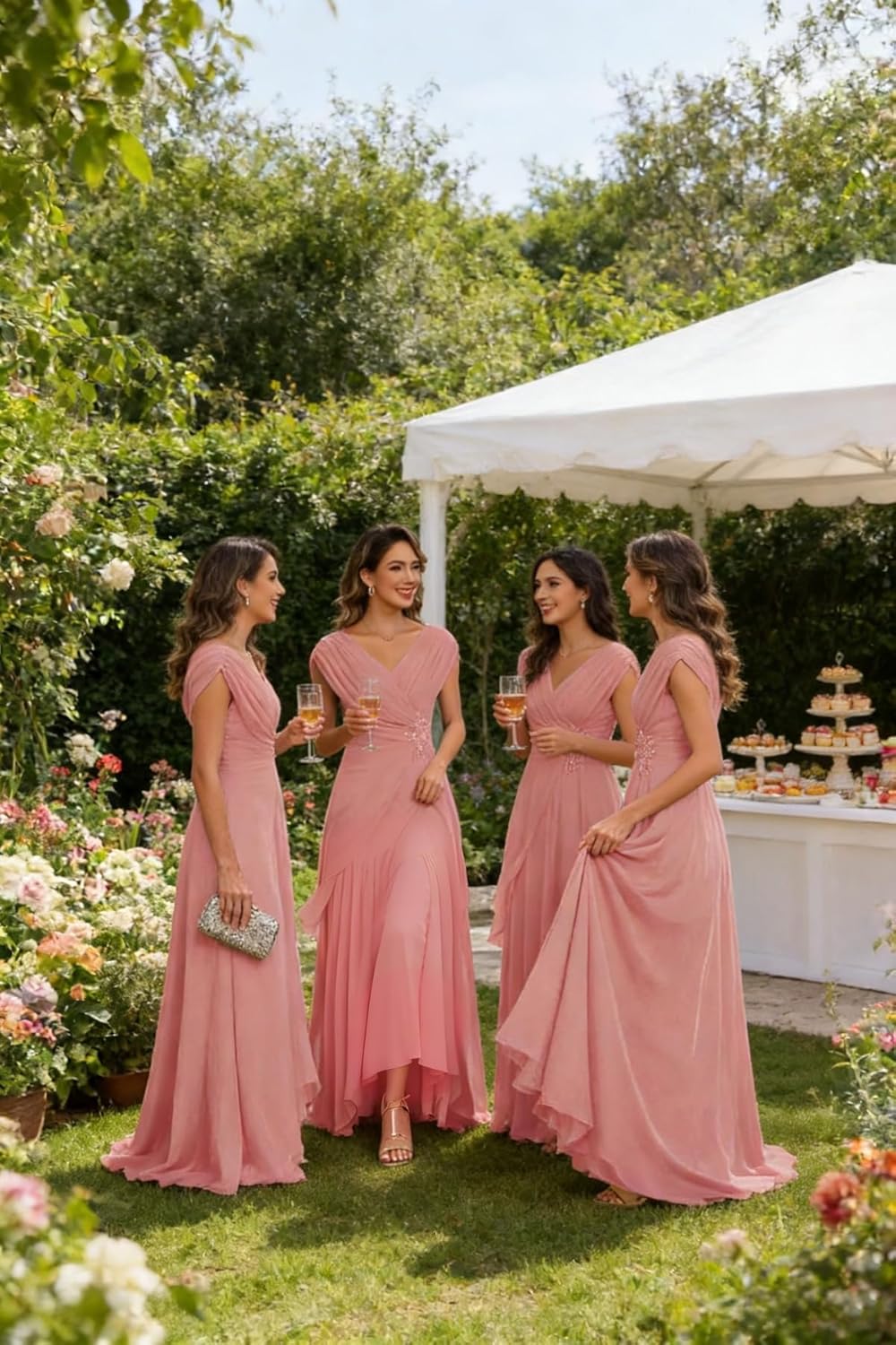 Tea Length Mother of The Bride Dress for Women Cap Sleeves Chiffon V-Neck Pleated Wedding Guest Dresses